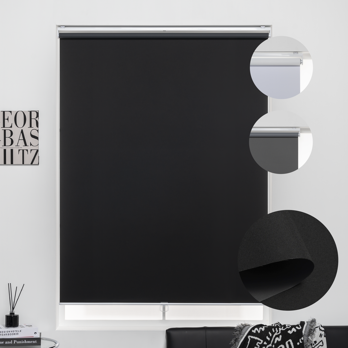 KALYSIE Cordless Roller Shades 100% Blackout Blinds for Windows and Doors, Pull Down Room Darkening Window Shades, Black Color, Easy to Install for Home and Office.