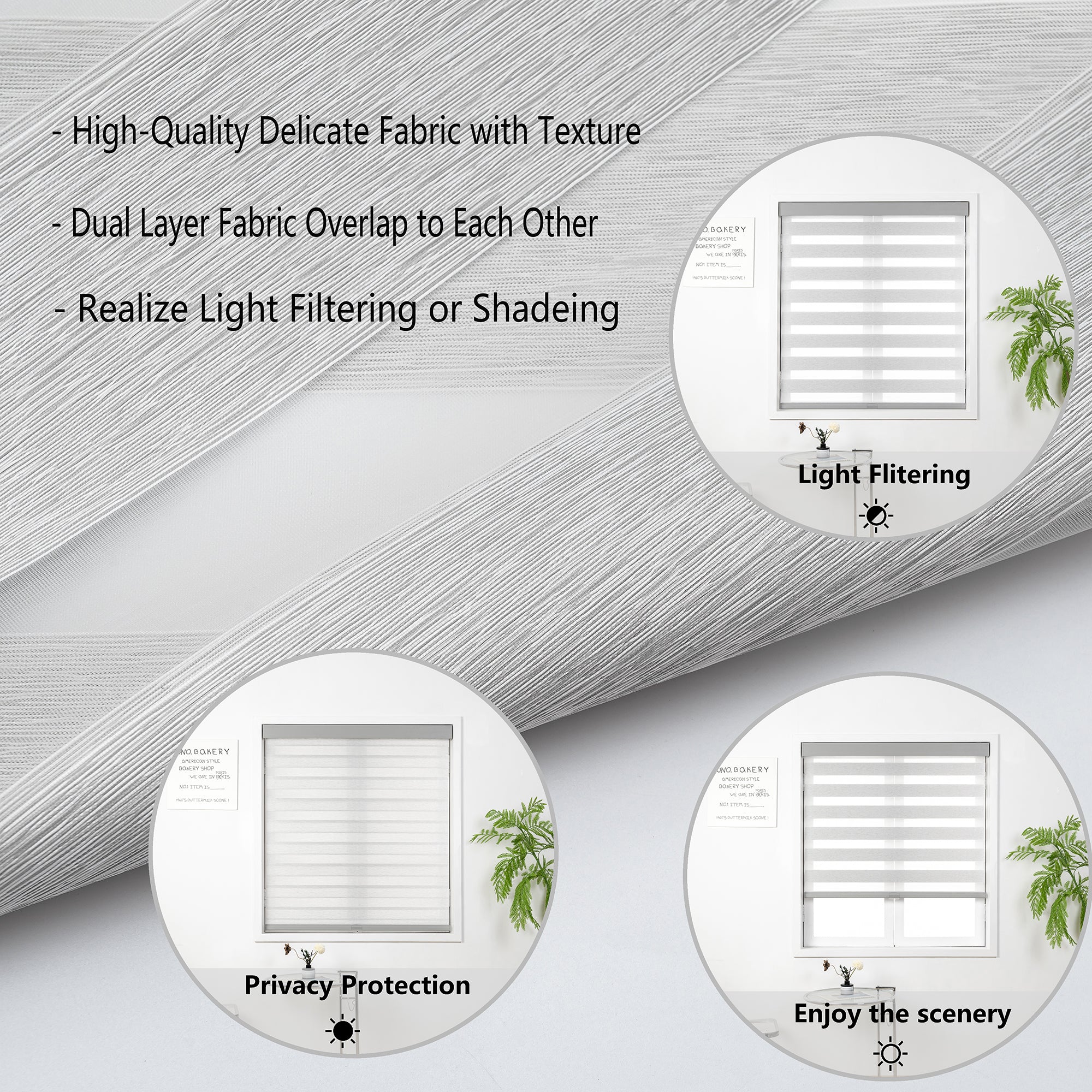 KALYSIE Cordless Zebra Blinds for Windows, Free-Stop Pull Down Roller Window Shades with Valance, Light Filtering Dual Layers Sheer Shades for Home and Office