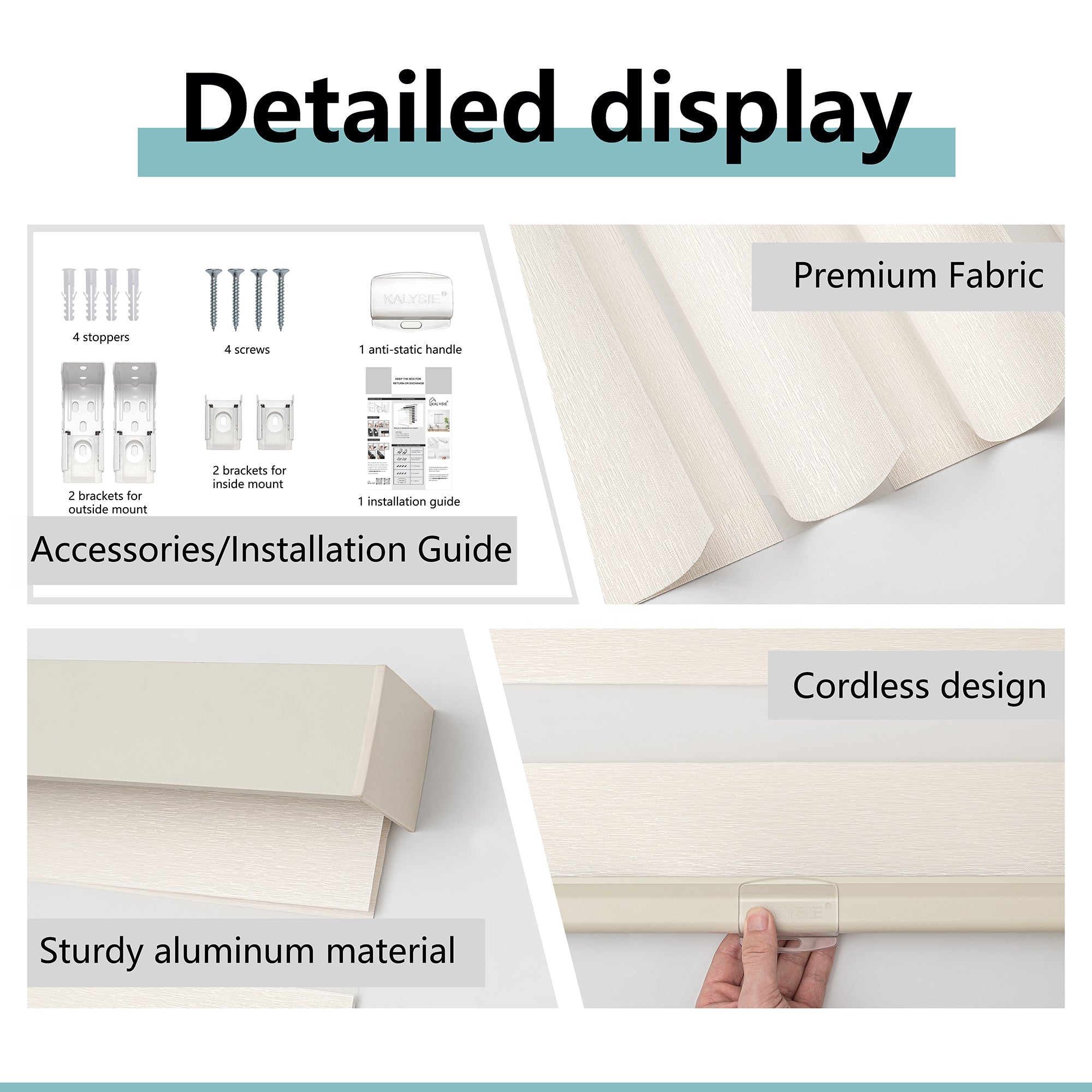 KALYSIE Cordless Zebra Blinds for Windows, Free-Stop Pull Down Roller Window Shades with Valance, Light Filtering Dual Layers Sheer Shades for Home and Office