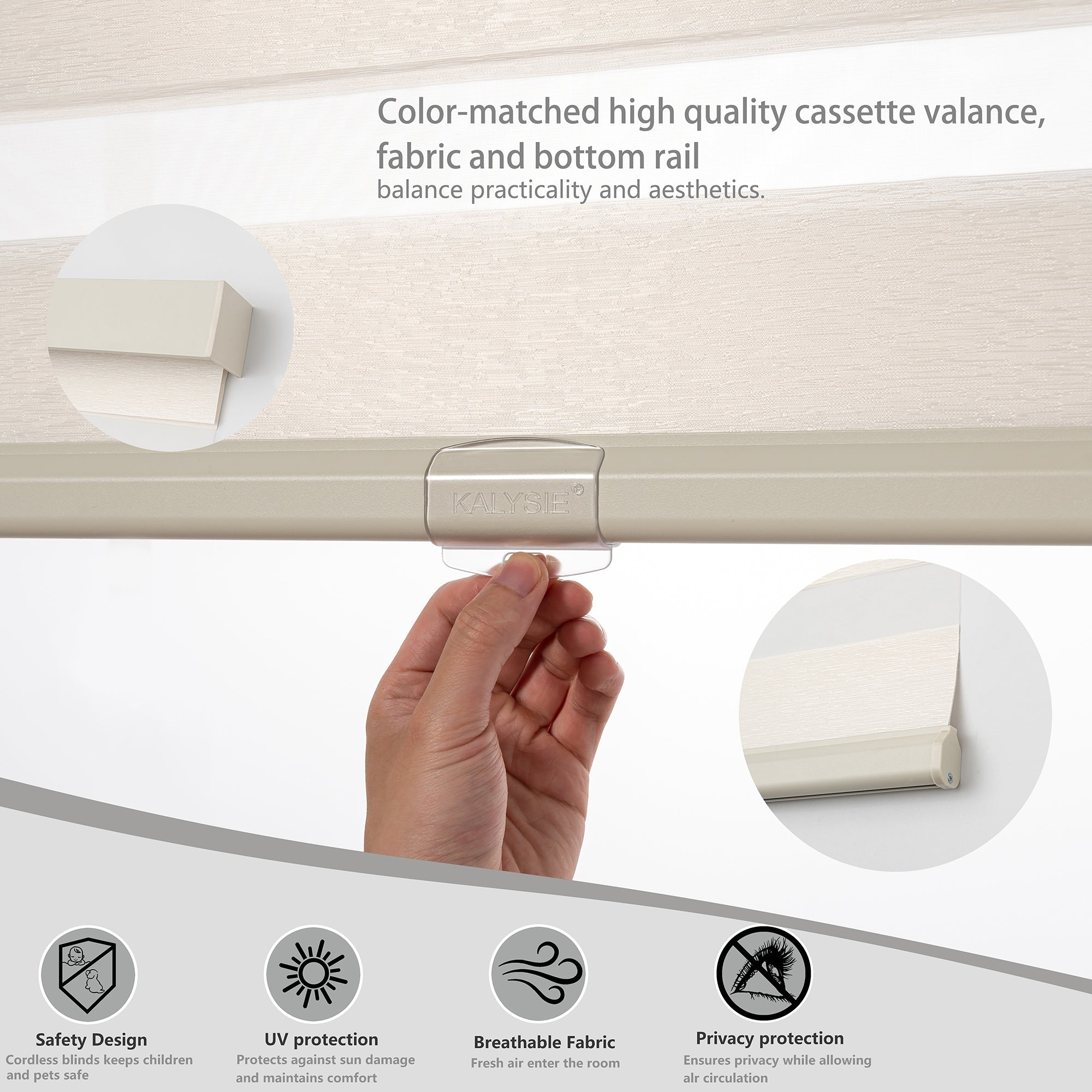 KALYSIE Cordless Zebra Blinds for Windows, Free-Stop Pull Down Roller Window Shades with Valance, Light Filtering Dual Layers Sheer Shades for Home and Office