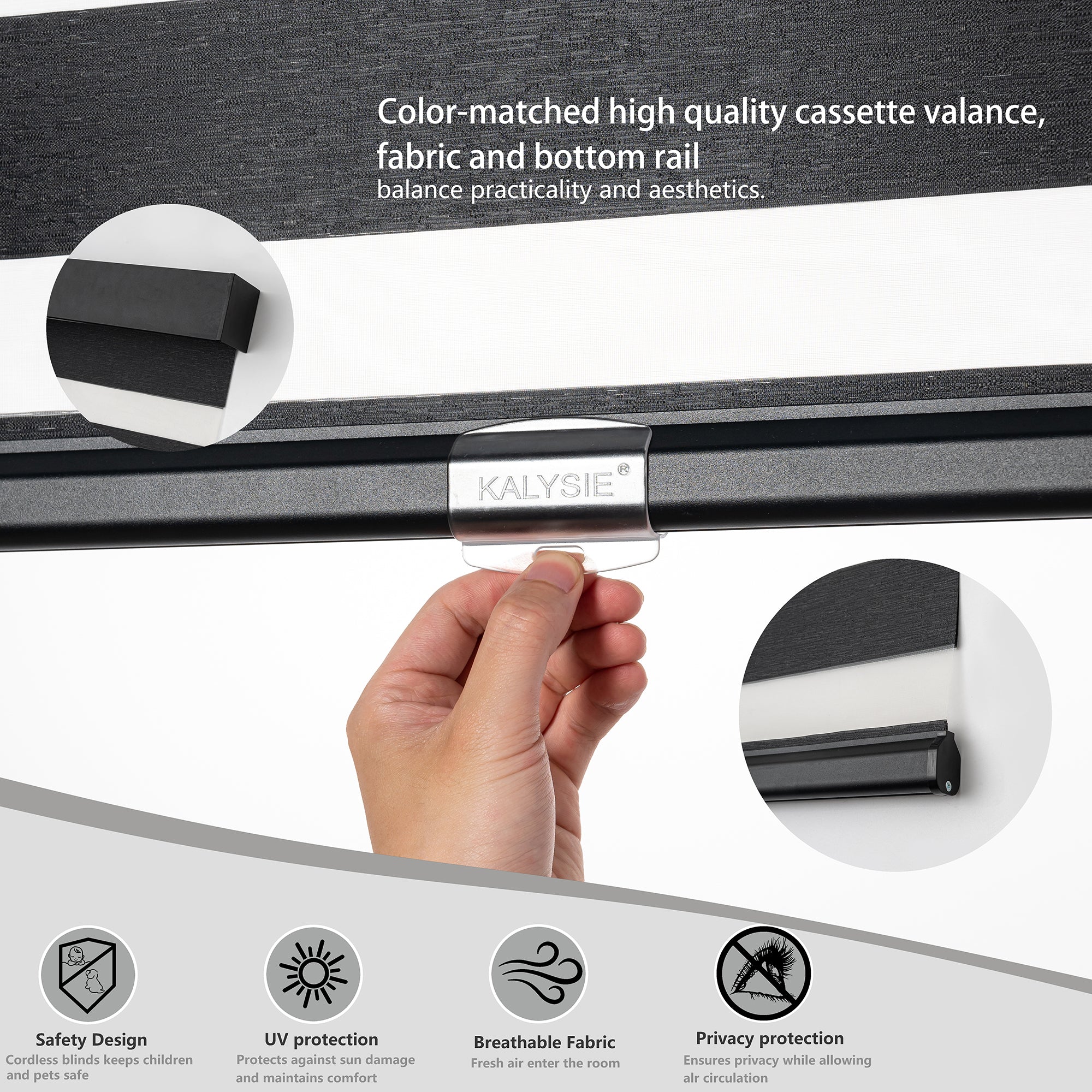 KALYSIE Cordless Zebra Blinds for Windows, Free-Stop Pull Down Roller Window Shades with Valance, Light Filtering Dual Layers Sheer Shades for Home and Office