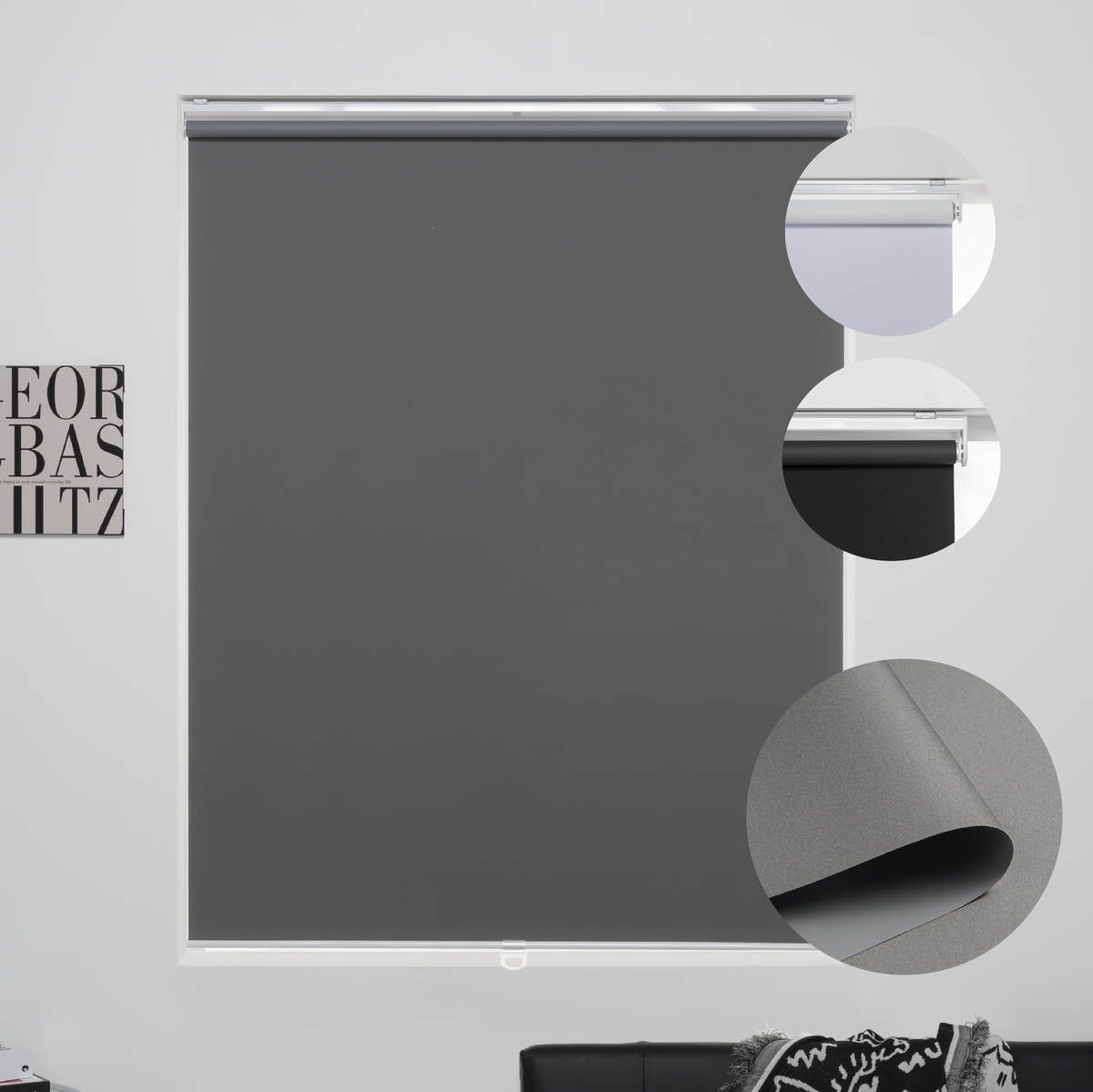 KALYSIE Cordless Roller Shades 100% Blackout Blinds for Windows and Doors, Pull Down Room Darkening Window Shades, Grey Color, Easy to Install for Home and Office.