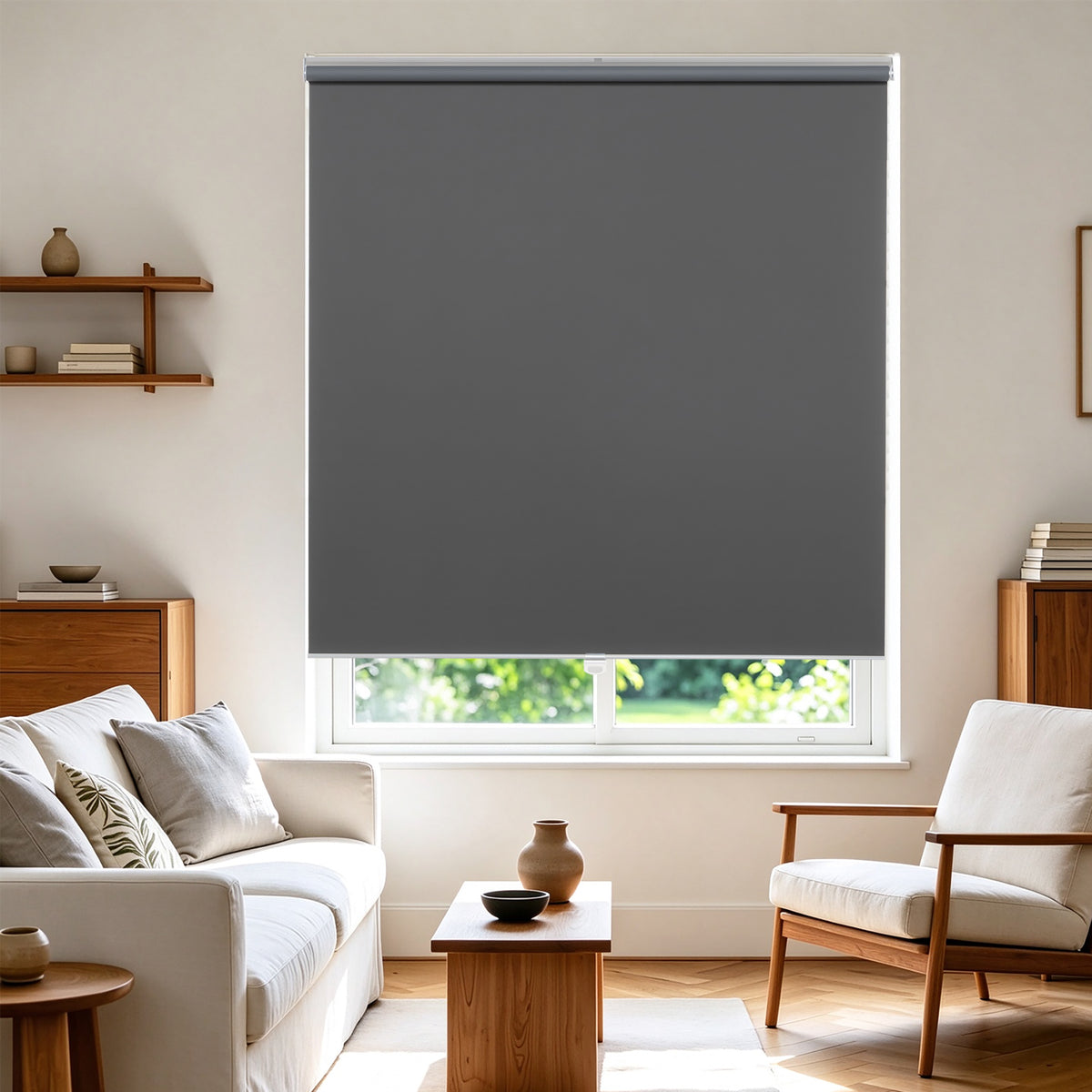 KALYSIE Cordless Roller Shades 100% Blackout Blinds for Windows and Doors, Pull Down Room Darkening Window Shades, Grey Color, Easy to Install for Home and Office.