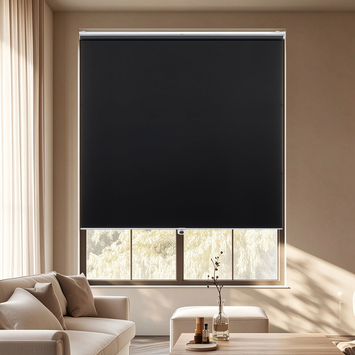 KALYSIE Cordless Roller Shades 100% Blackout Blinds for Windows and Doors, Pull Down Room Darkening Window Shades, Black Color, Easy to Install for Home and Office.