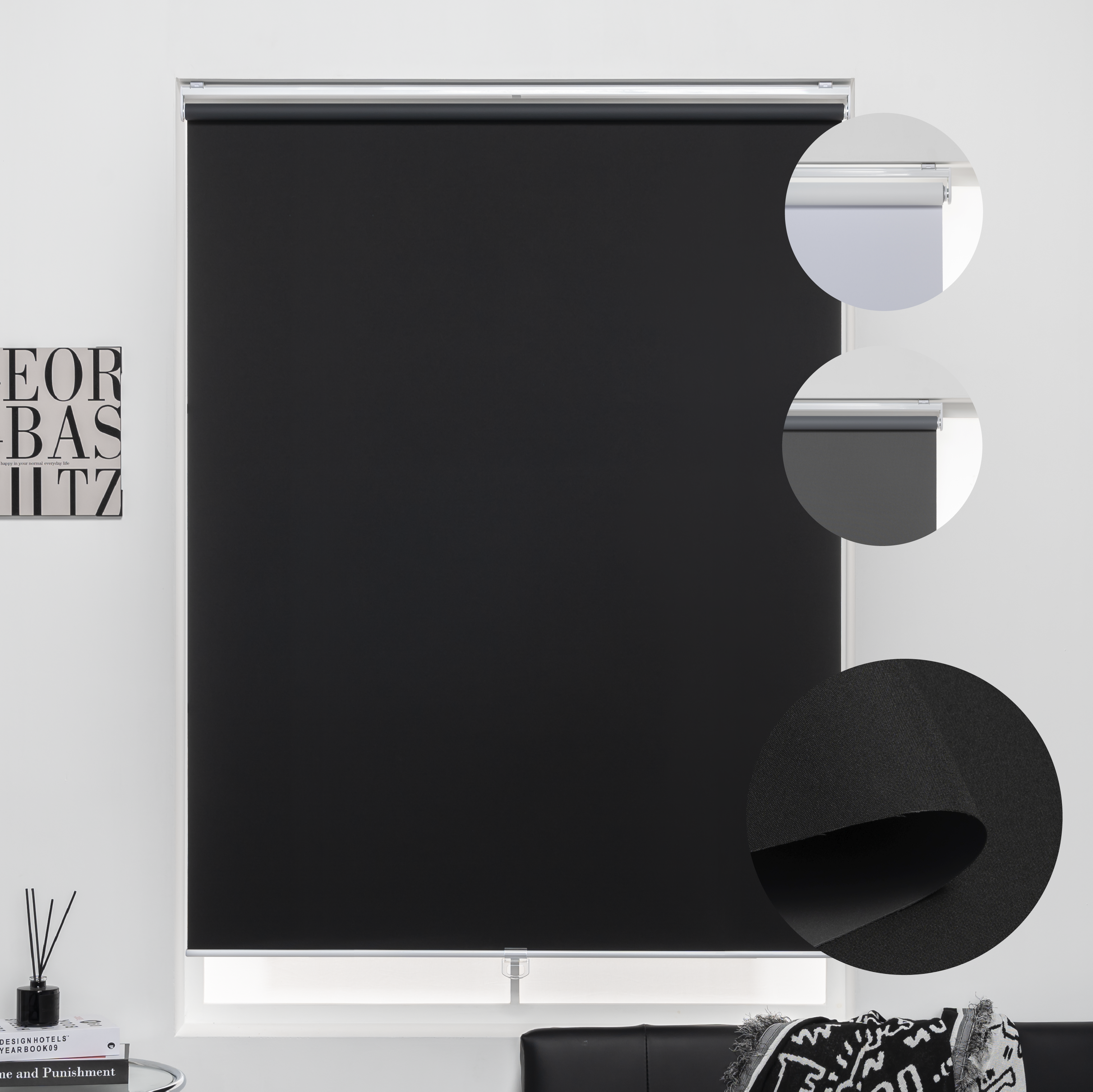 KALYSIE Cordless Roller Shades 100% Blackout Blinds for Windows and Doors, Pull Down Room Darkening Window Shades, Black Color, Easy to Install for Home and Office.