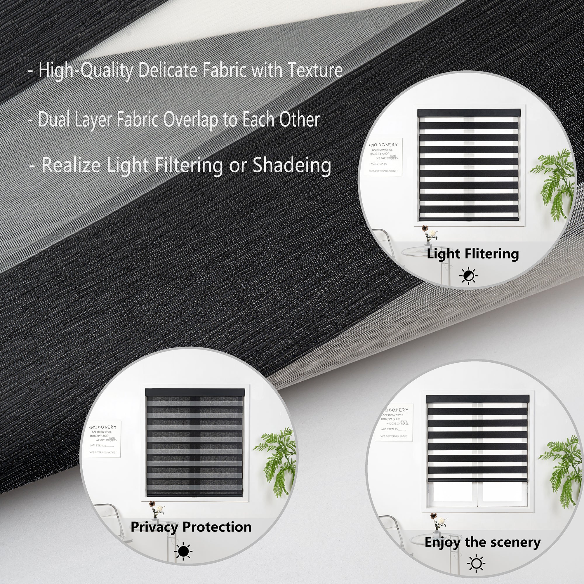 KALYSIE Cordless Zebra Blinds for Windows, Free-Stop Pull Down Roller Window Shades with Valance, Light Filtering Dual Layers Sheer Shades for Home and Office