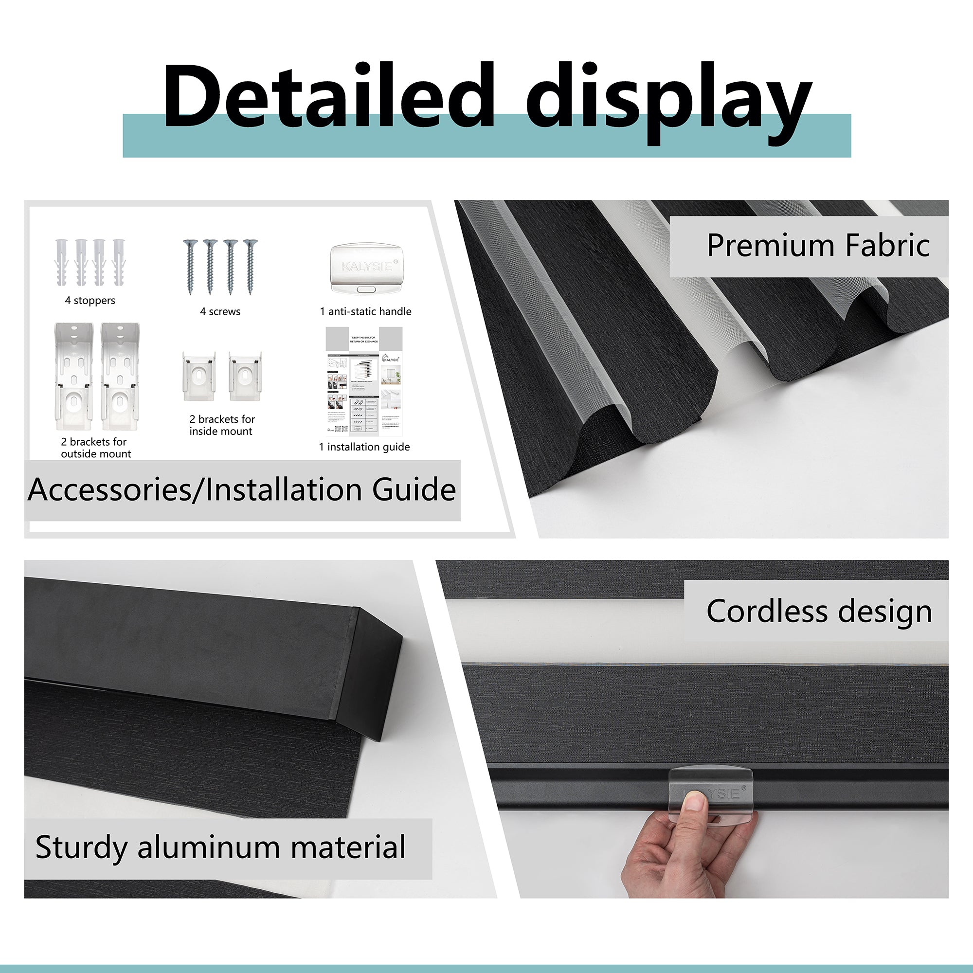 KALYSIE Cordless Zebra Blinds for Windows, Free-Stop Pull Down Roller Window Shades with Valance, Light Filtering Dual Layers Sheer Shades for Home and Office