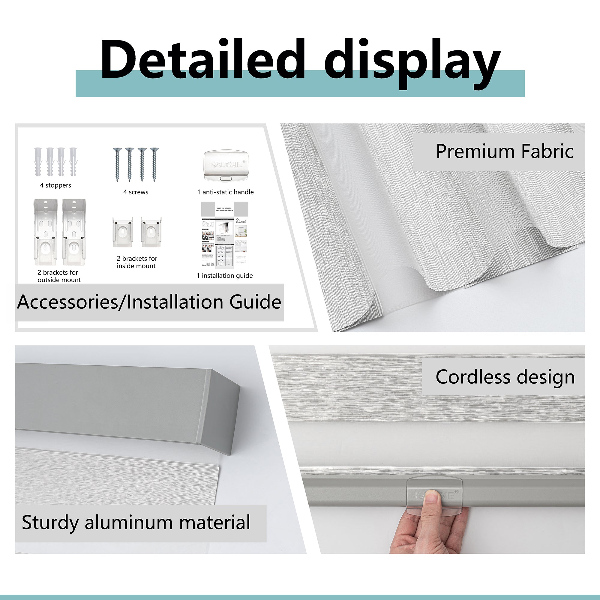 KALYSIE Cordless Zebra Blinds for Windows, Free-Stop Pull Down Roller Window Shades with Valance, Light Filtering Dual Layers Sheer Shades for Home and Office