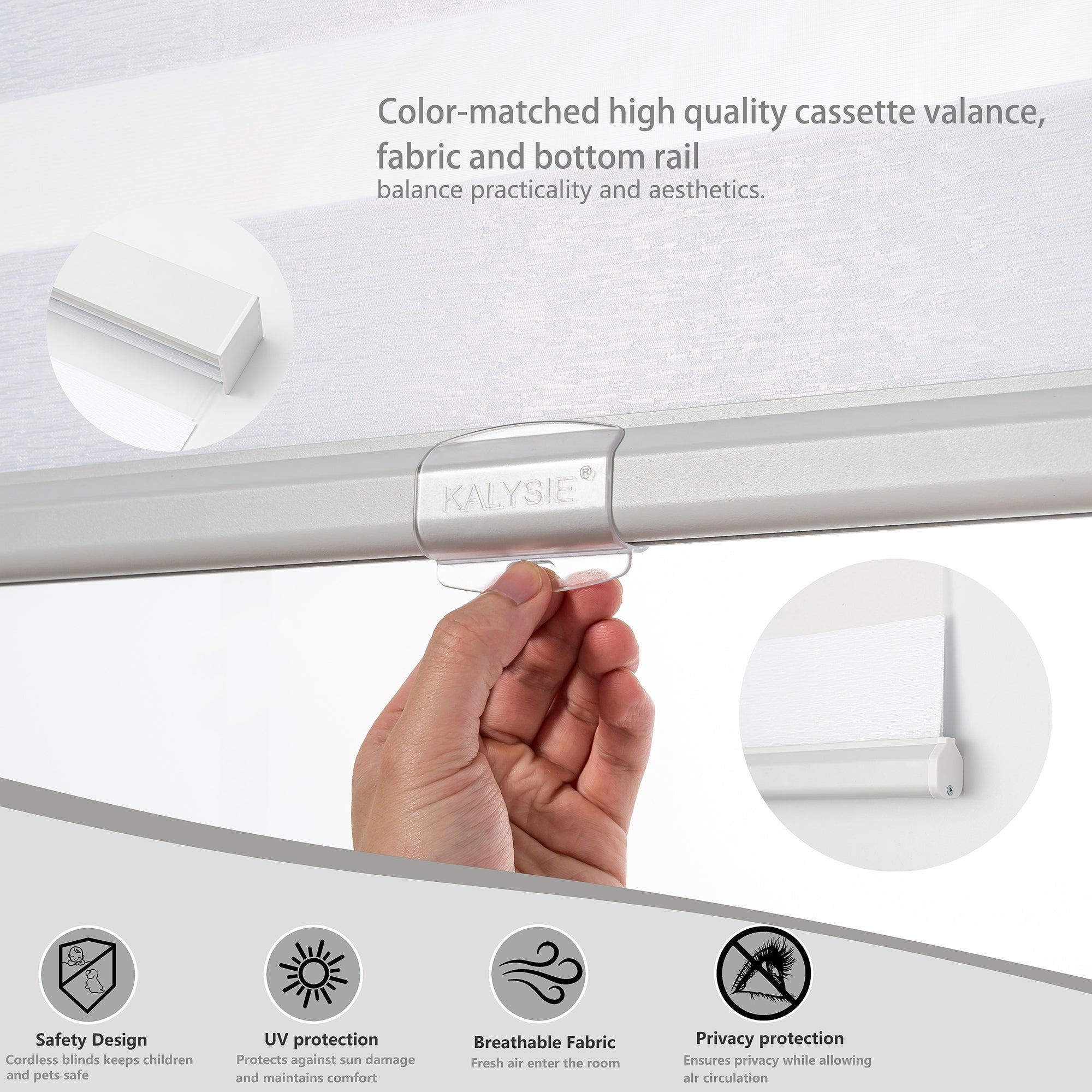 KALYSIE Cordless Zebra Blinds for Windows, Free-Stop Pull Down Roller Window Shades with Valance, Light Filtering Dual Layers Sheer Shades for Home and Office