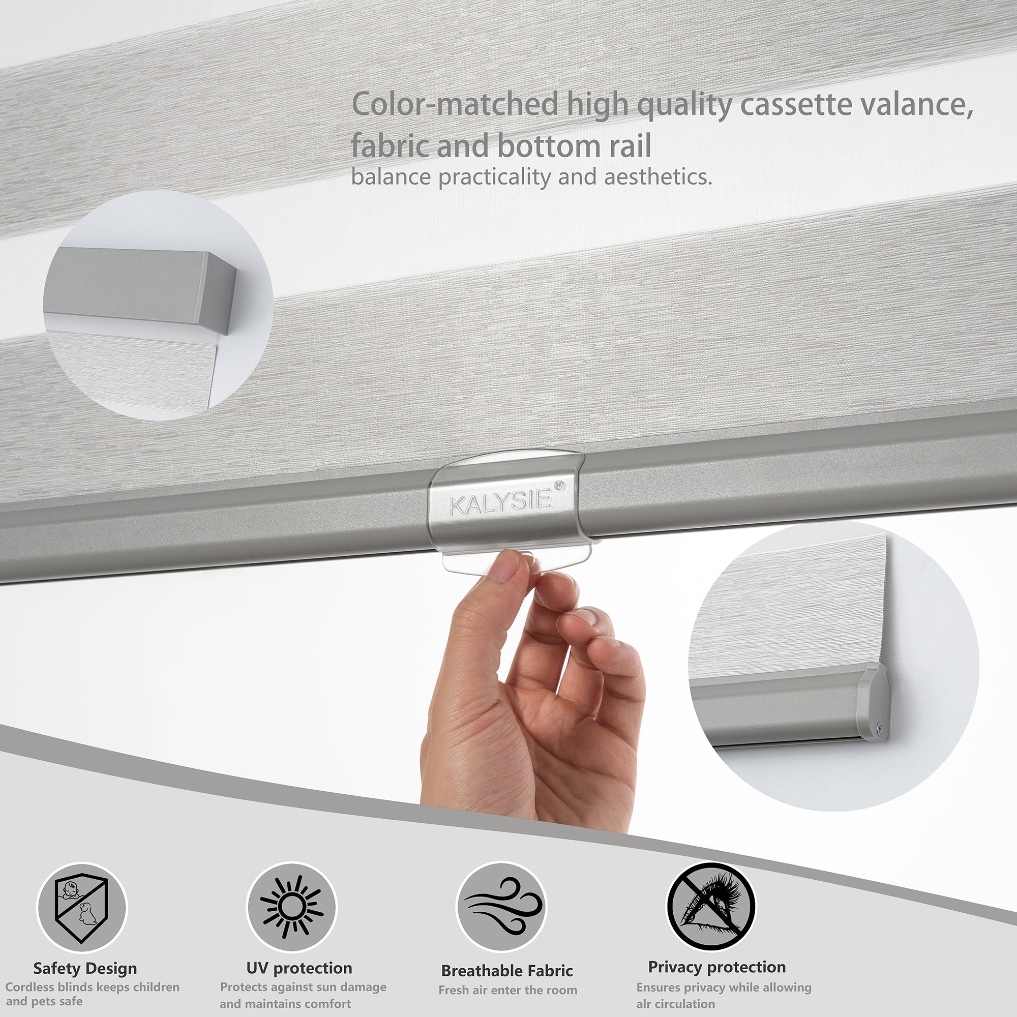 KALYSIE Cordless Zebra Blinds for Windows, Free-Stop Pull Down Roller Window Shades with Valance, Light Filtering Dual Layers Sheer Shades for Home and Office