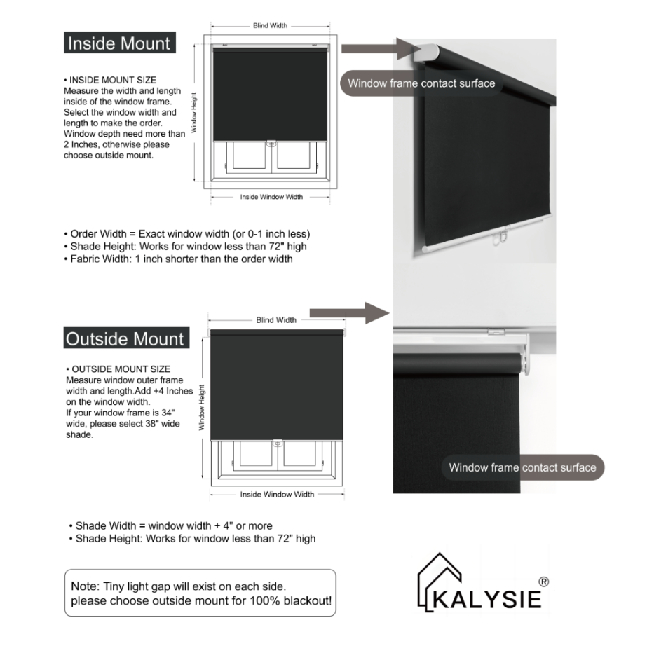 KALYSIE Cordless Roller Shades 100% Blackout Blinds for Windows and Doors, Pull Down Room Darkening Window Shades, Black Color, Easy to Install for Home and Office.