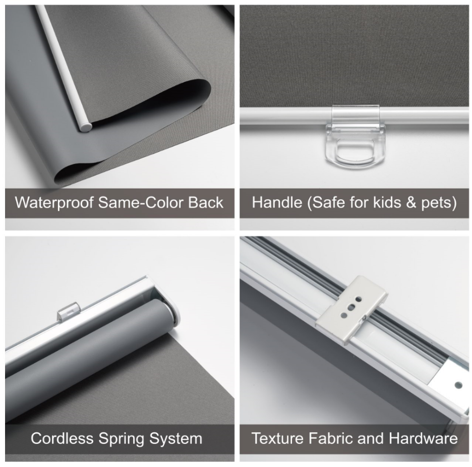 KALYSIE Cordless Roller Shades 100% Blackout Blinds for Windows and Doors, Pull Down Room Darkening Window Shades, Grey Color, Easy to Install for Home and Office.