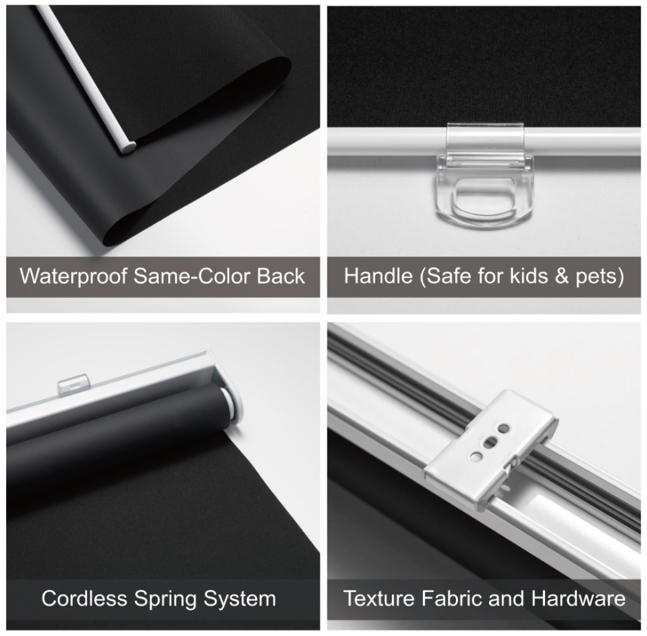 KALYSIE Cordless Roller Shades 100% Blackout Blinds for Windows and Doors, Pull Down Room Darkening Window Shades, Black Color, Easy to Install for Home and Office.